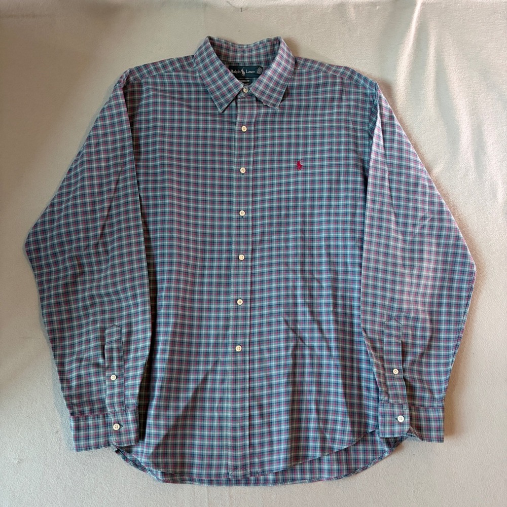 Ralph Lauren Mens XXL Classic Fit Plaid Button Down‎ Shirt Blue Red Long Sleeve